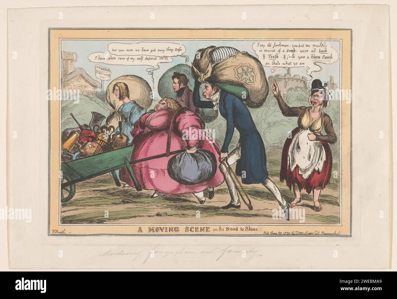 La famiglia Conymham si trasferisce a Slane, William Heath, 1830 la famiglia Conymham si trasferisce dal Castello di Windsor a Slane Castle, 1830. La Round Lady Conyngham, amante di re Giorgio IV, spinge una carriola carica di cose, Lord Consyngham corre dietro di lei con una grande borsa sulla testa. Sono chiamati da una donna e da stracci. Tipografia: Englandpublisher: London paper etching moving (House). carriola. Caricature politiche e satira del Castello di Windsor Foto Stock