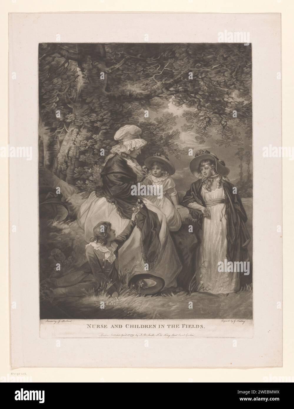 Babysitter con tre bambini ai margini della foresta, George Keating, dopo George Morland, stampa del 1791 London paper dry-Nurse. godendosi la natura  piante, erbe e fiori Foto Stock