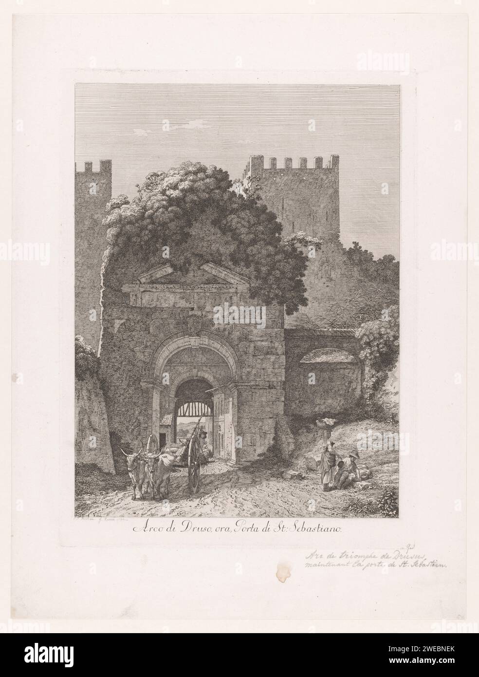 Boog van Drusus e Poort van Saint Sebastiaan, Jacob Wilhelm Mechau, 1794 stampa Roma carta incisione arco, archivolt  architettura. Paesaggio con rovine (+ città (-paesaggio) con figure, personale) Bow da Druso Foto Stock