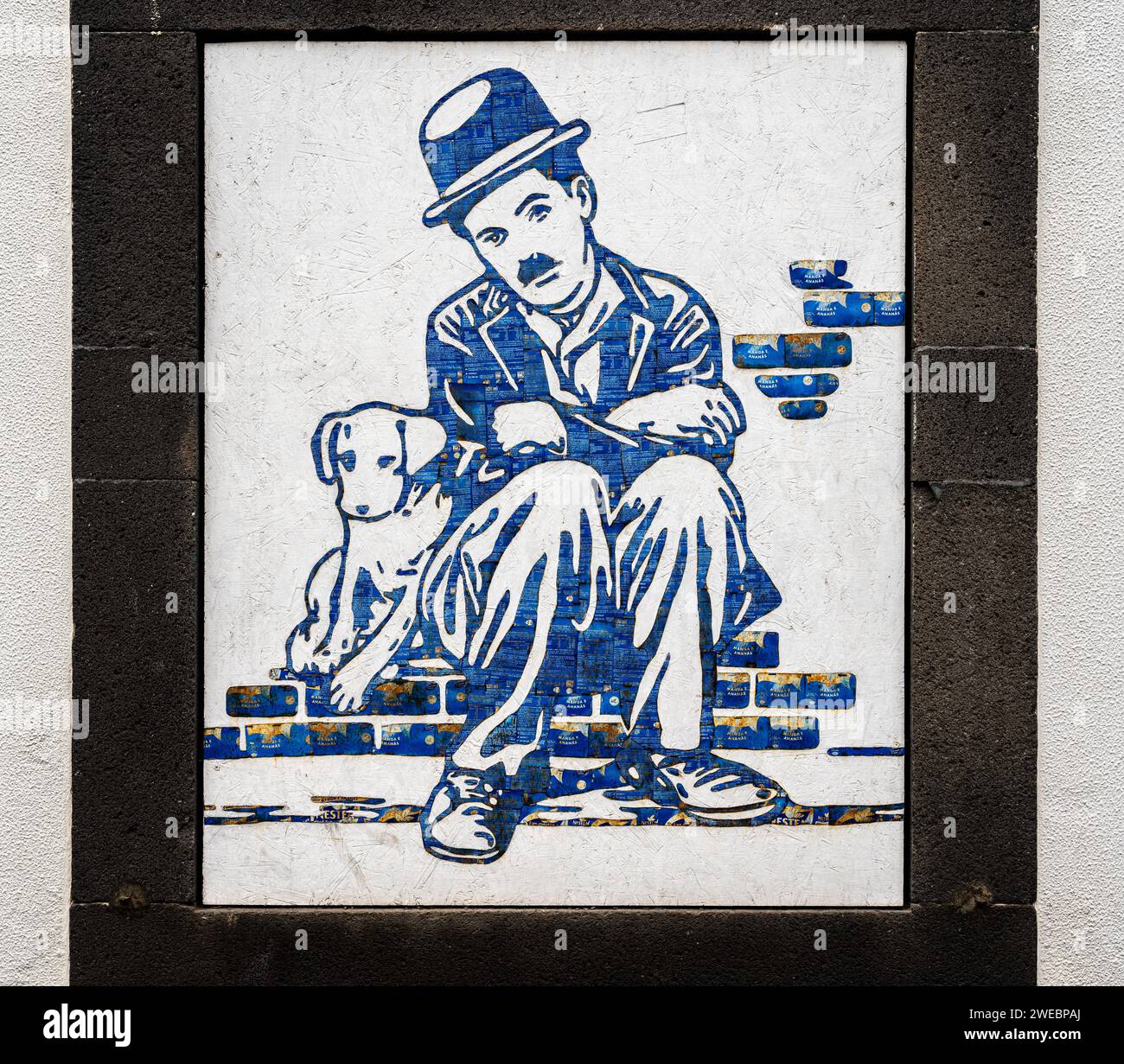 Istalazione di Street art, un collage che utilizza pezzi di vecchie lattine di bevande per creare ombra, Camara de Lobos, Madeira Foto Stock