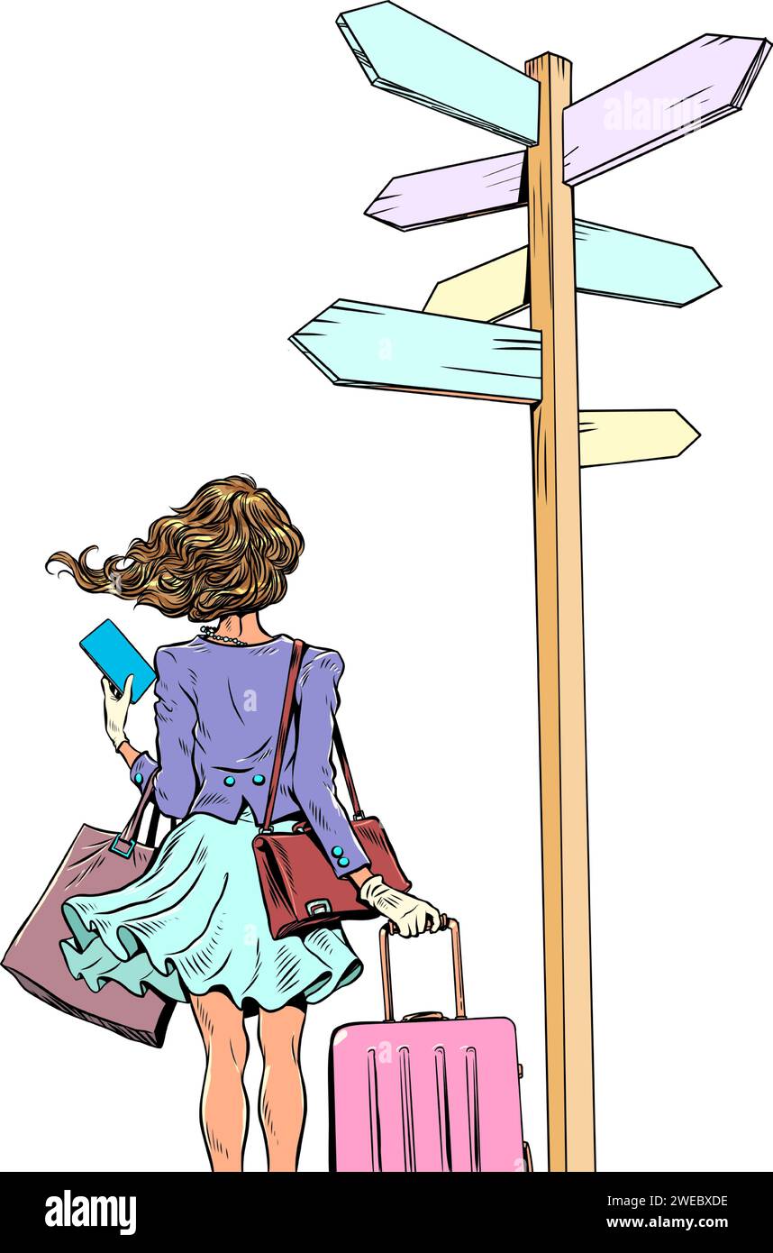 Una ragazza sta in piedi con una valigia e una borsa davanti a una forchetta e un cartello. Scegliere il percorso di vita che si intraprenderà. Opzioni per nuovi viaggi in altri luoghi. Pop Illustrazione Vettoriale