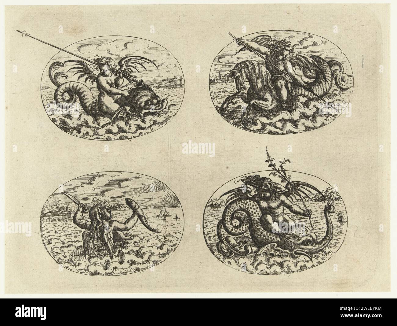 Quattro cartigli ovali sdraiati con putti su creature marine, Christoph Jamnitzer, 1573 - 1610 stampa in alto a sinistra un putto con una lancia, in alto a destra un putto con un bastone, sotto un putto che si erge nell'acqua fino alla vita e un putto con un fiore nella mano nella mano destra. Foglia di una serie di decorazioni piatte con crete grotesken, cartigli, ovali, mascarons, putti e creature fantastiche. La collana è composta da tre riviste, due riviste di testo con l'assegnazione e la prefazione e 60 riviste, distribuite su tre libri. Incisione (forse) della carta in Germania Foto Stock