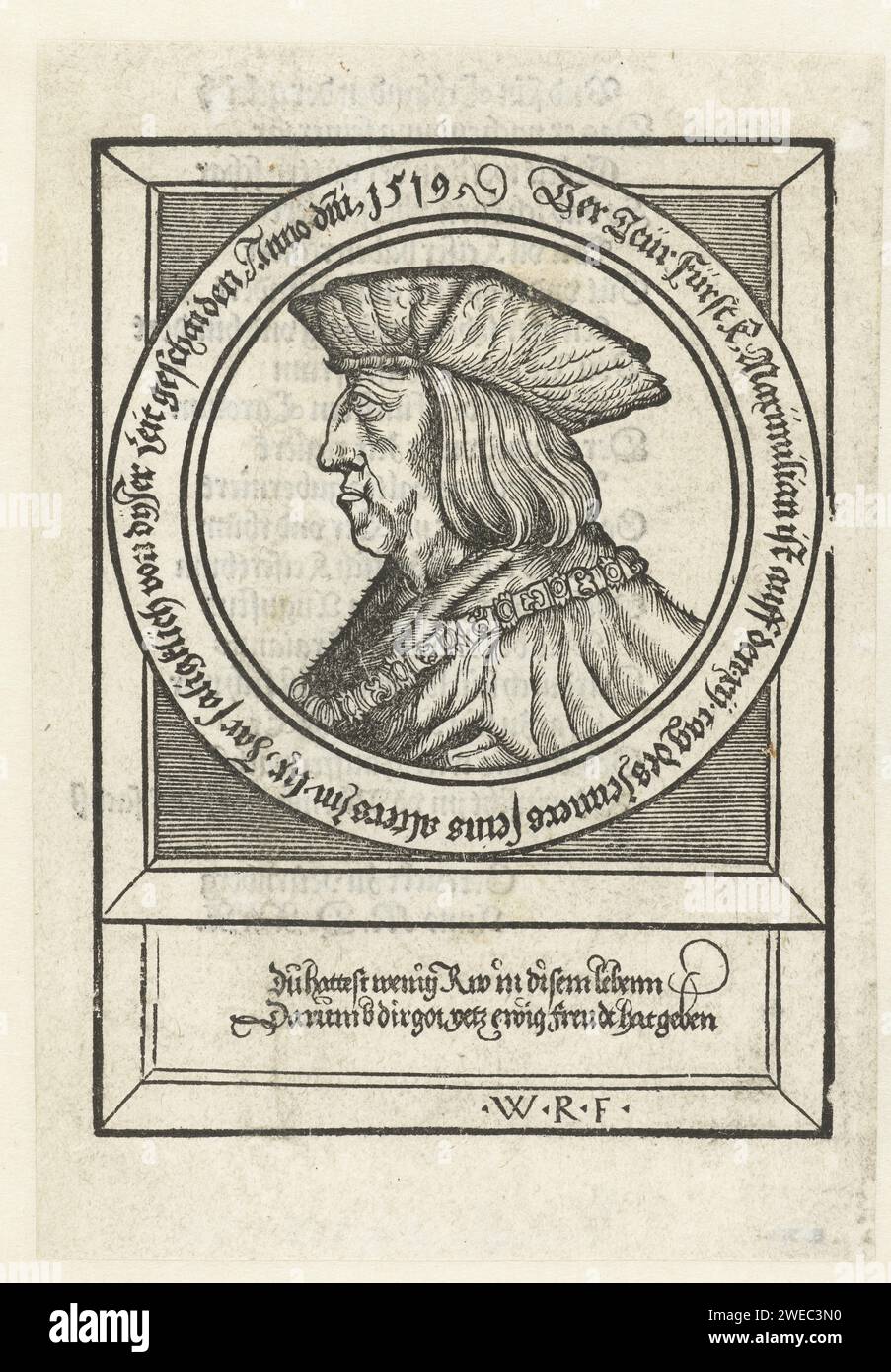 Ritratto dell'imperatore Massimiliano i, Alberto Dürer (Scuola di), 1530 stampa Ritratto dell'imperatore Massimiliano i e Profil, il segno dell'ordine del Toson d'oro intorno al collo. Al ritratto un bordo e sotto una didascalia in tedesco in scrittura gotica. Sul Versozijde anche il testo tedesco in scrittura gotica. Tipografia: Neurenbergprint Maker: Germania persone storiche della carta Foto Stock