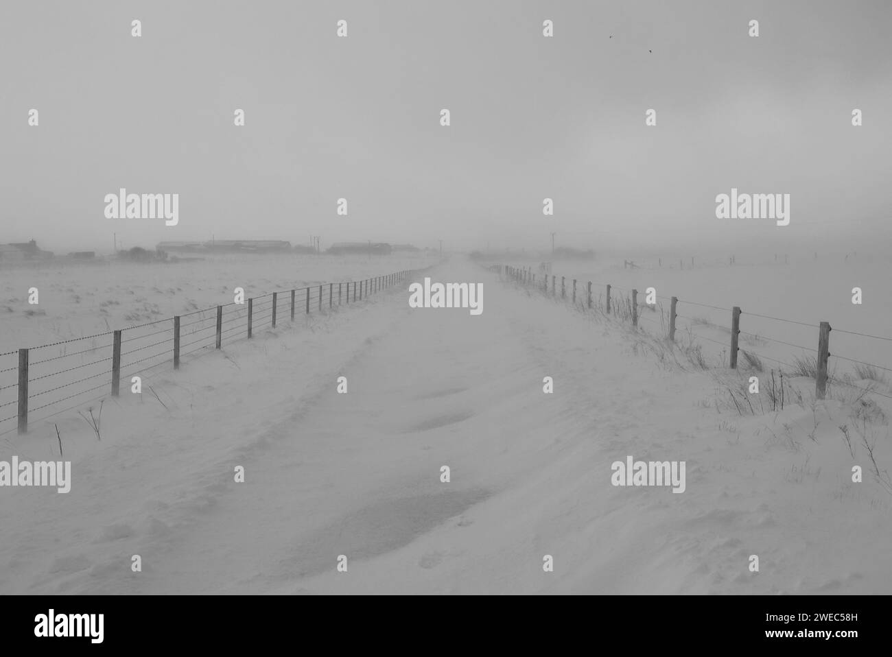 Neve alla deriva su strada, Orkney Isles Foto Stock