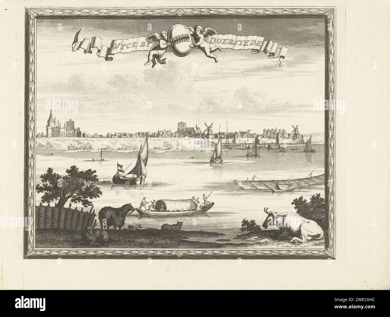 Veduta di Wijk bij Duurstede, Thomas Doesburgh, 1692 - 1714 stampa Olanda carta incisa prospettiva della città, panorama della città, sagoma della città. fiume Wijk bij Duurstede Foto Stock