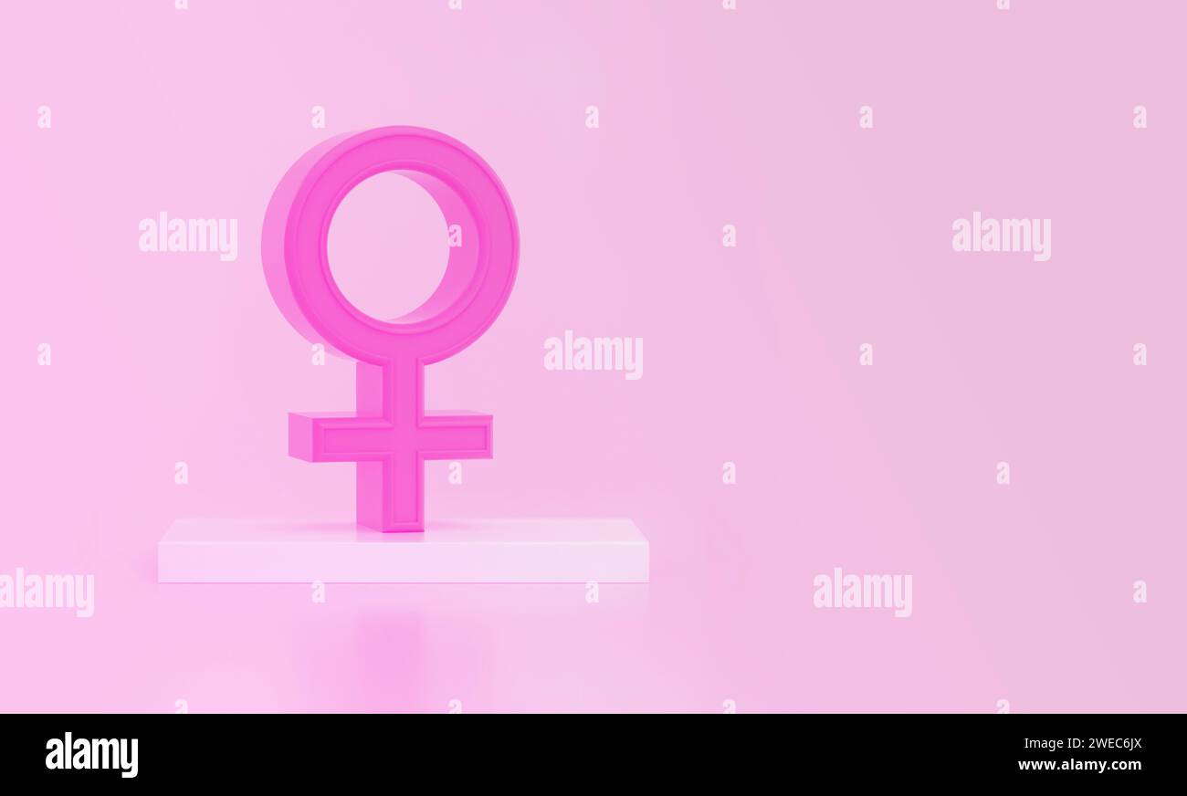 Simbolo femminile sul podio, illustrazione 3D. Diritti delle donne in materia di parità. Giornata internazionale della donna. Foto Stock