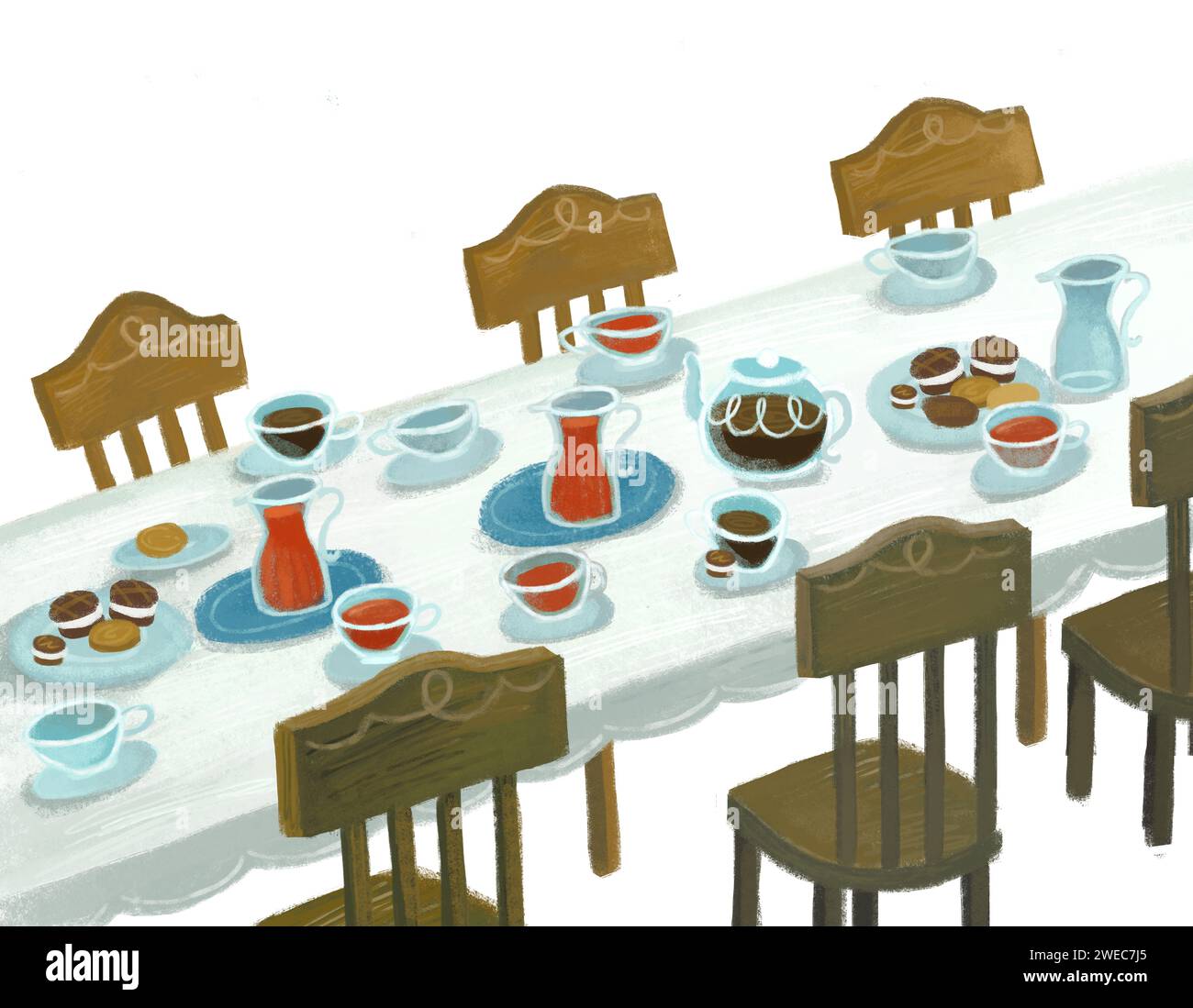 cartoni animati con tavolo da pranzo e molto cibo su sfondo bianco per i bambini Foto Stock