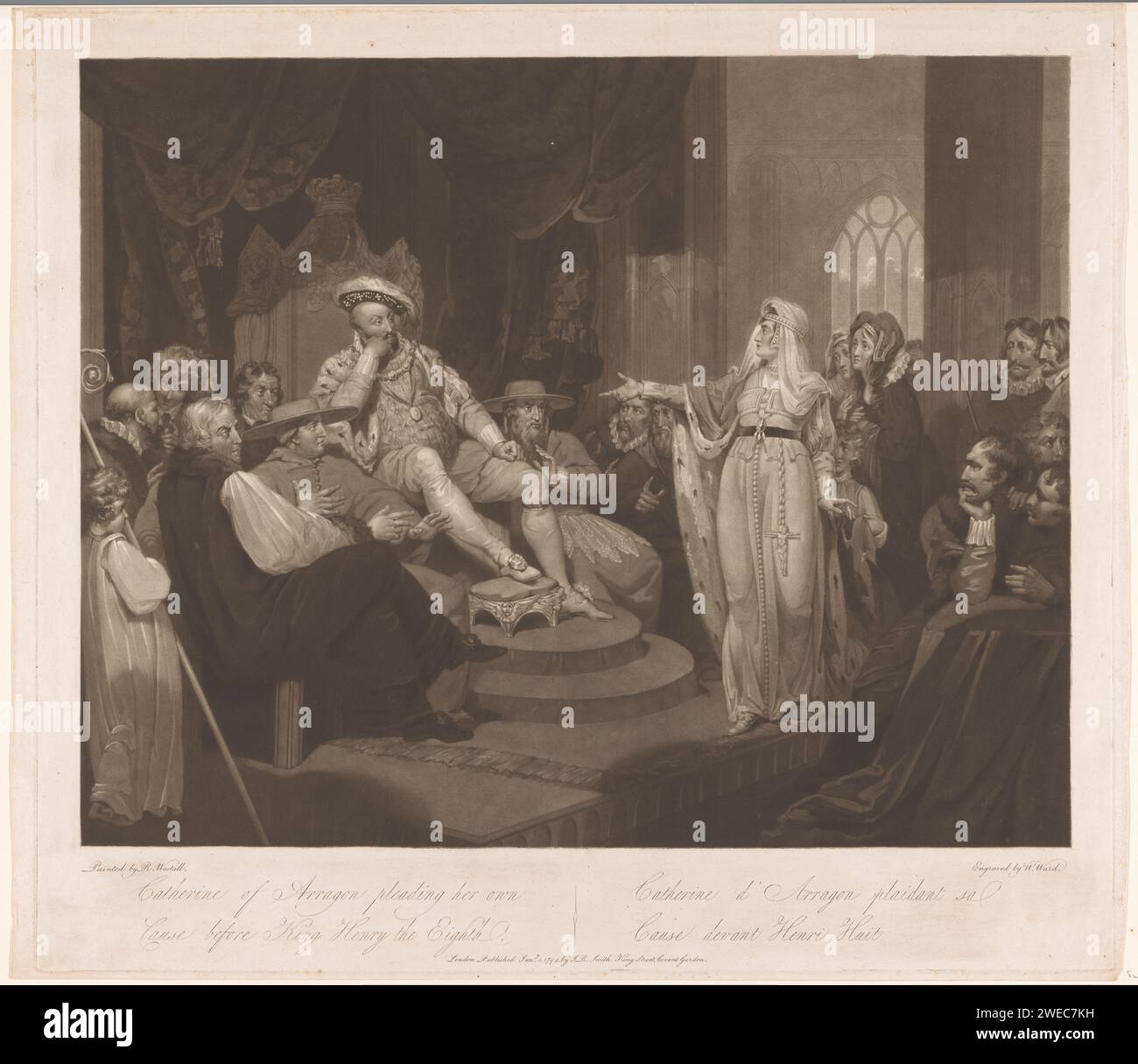 Catharina van Aragon supplicò Hendrik VIII, re d'Inghilterra, William Ward, dopo Richard Westall, nel 1794 stampa London paper queen. appello, difesa. re Foto Stock