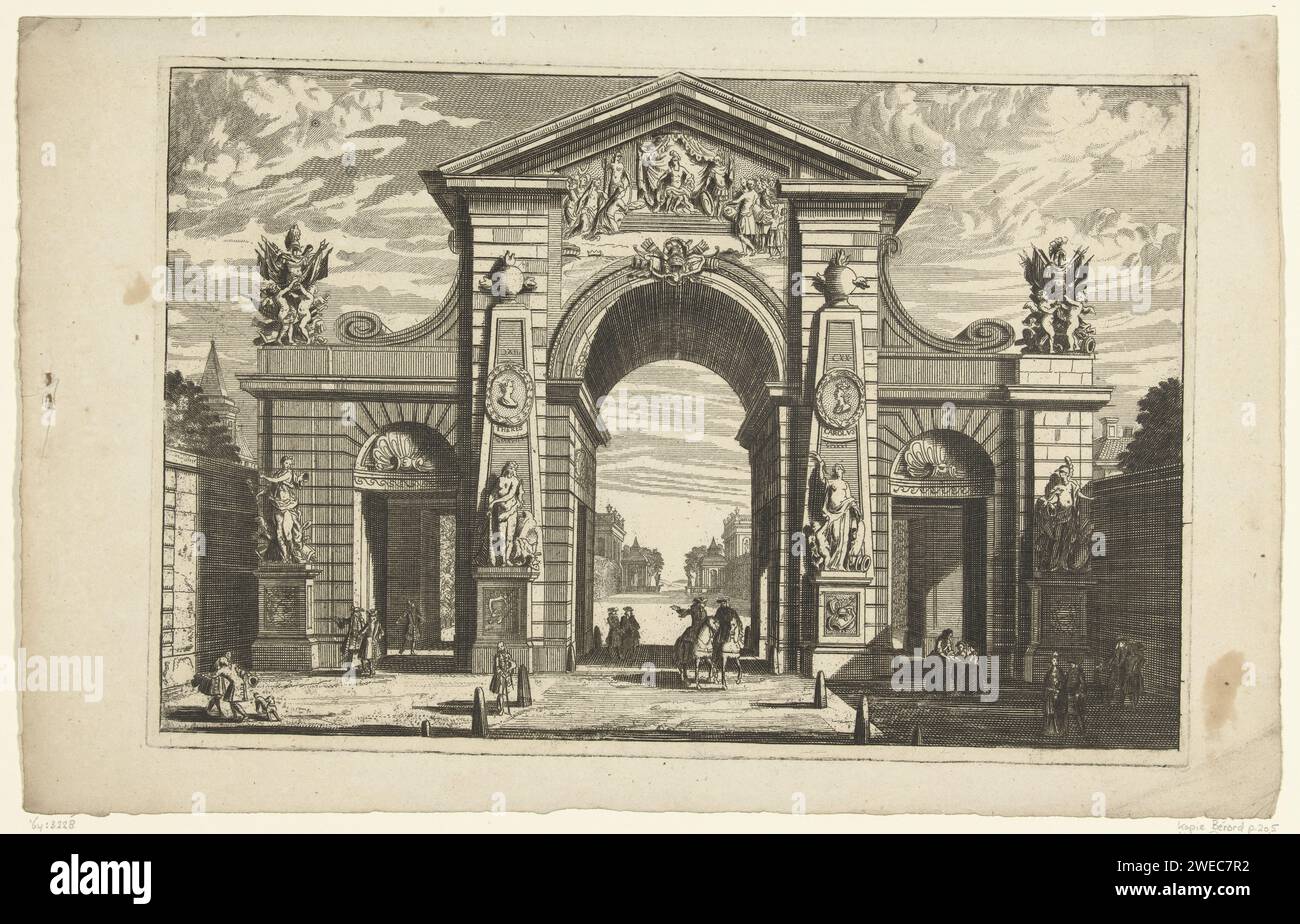 Stadspoort in forma di arco trionfale con tre passaggi, Anonimo, dopo Daniël Marot (i), c. 1600 - c. 1699 stampa il passaggio centrale è più alto degli altri e ha un frontone con un bassorilievo in alto. Pagina 6 dalla serie di 6 fogli, copia appassionata a foglio dalla seconda serie Liure d'Arc de Triomphe et porte de Ville pubblicata da Daniel Marot (i). city-gate per incisione su carta. arco trionfale Foto Stock