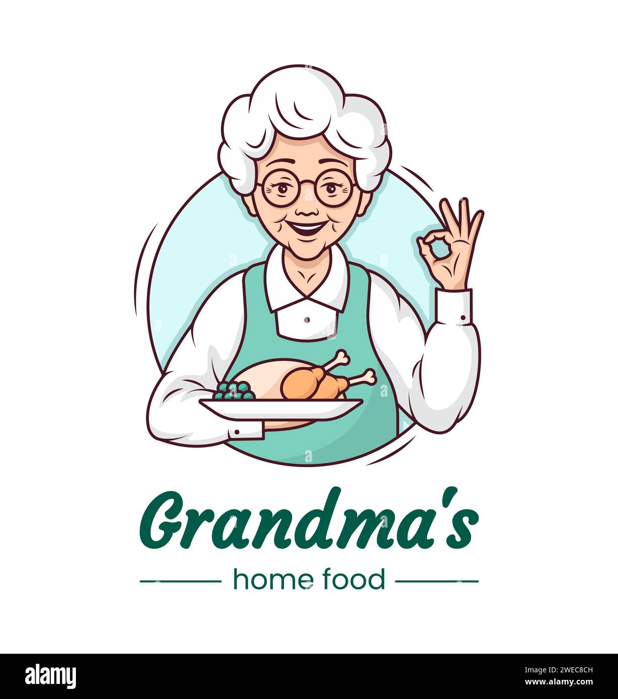 Logo Grandmas Cooking Cafe, carino design cartoni animati. Nonna allegra con un piatto di appetitosi piatti fatti in casa. Modello. Illust linea vettoriale Foto Stock