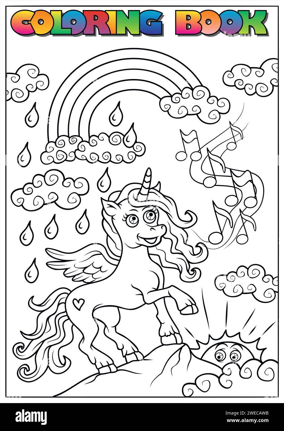 libro da colorare per bambini - un unicorno che cammina tra le nuvole con il sole sullo sfondo Illustrazione Vettoriale