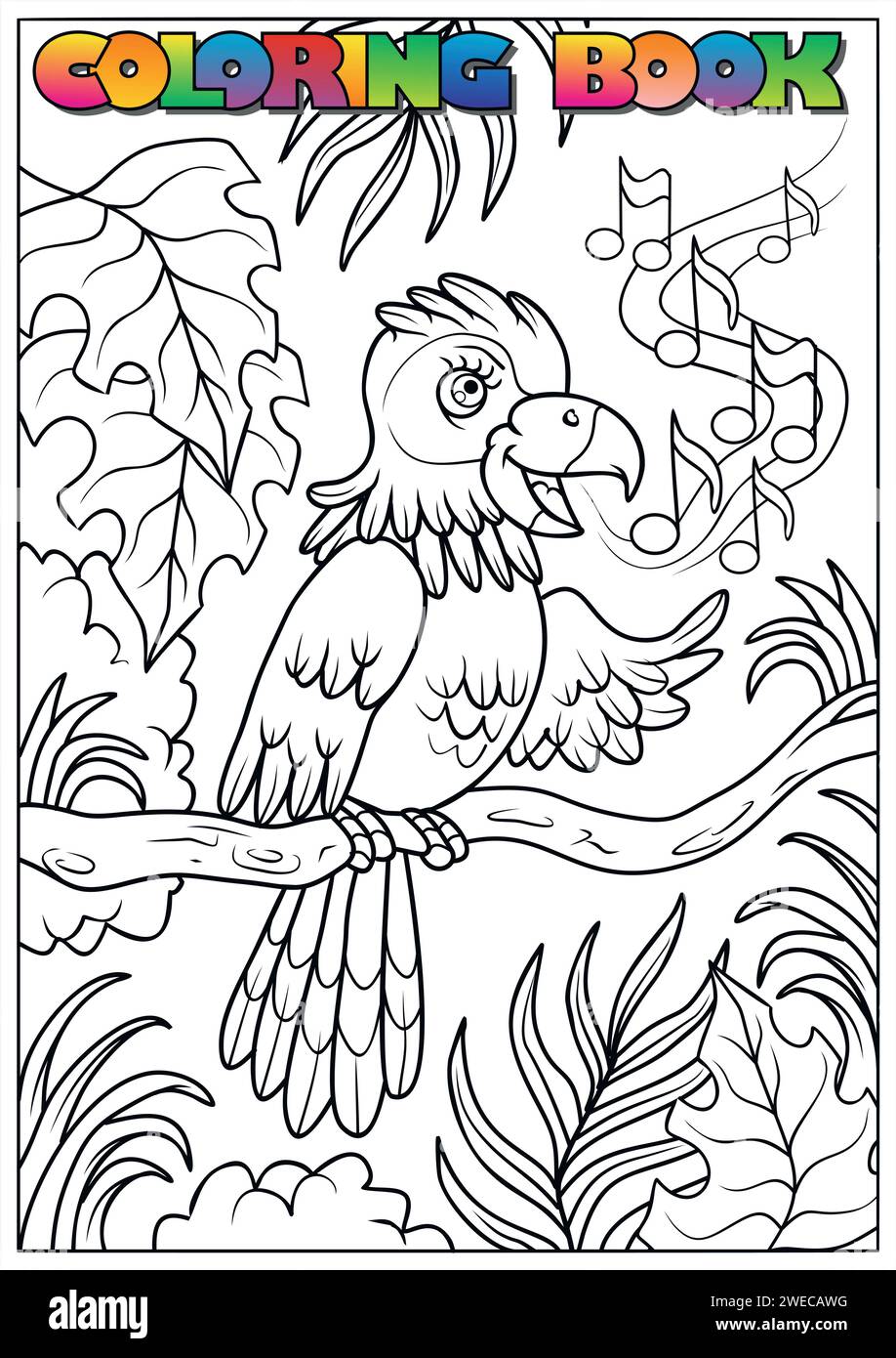 libro da colorare per bambini - un pappagallo seduto nella giungla su un albero che canta con note nell'aria. Illustrazione Vettoriale
