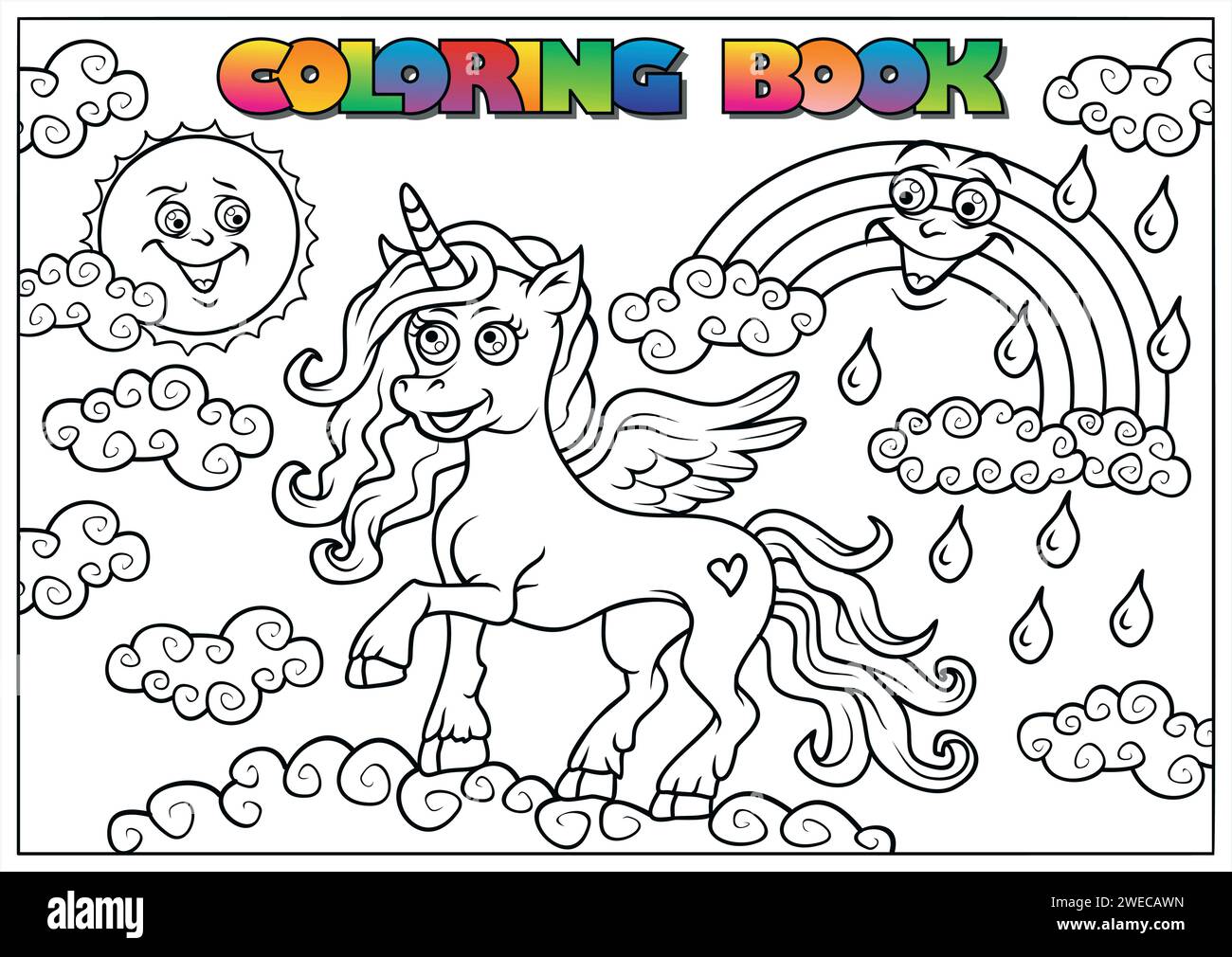 libro da colorare per bambini - un unicorno che cammina tra le nuvole con il sole sullo sfondo e un arcobaleno Illustrazione Vettoriale