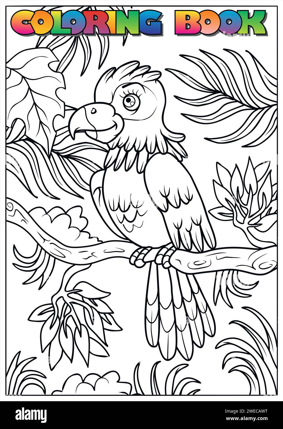 libro da colorare per bambini - un pappagallo seduto su un albero nella giungla Illustrazione Vettoriale libro da colorare per bambini - un pappagallo seduto su un albero nella giungla Illustrazione Vettoriale