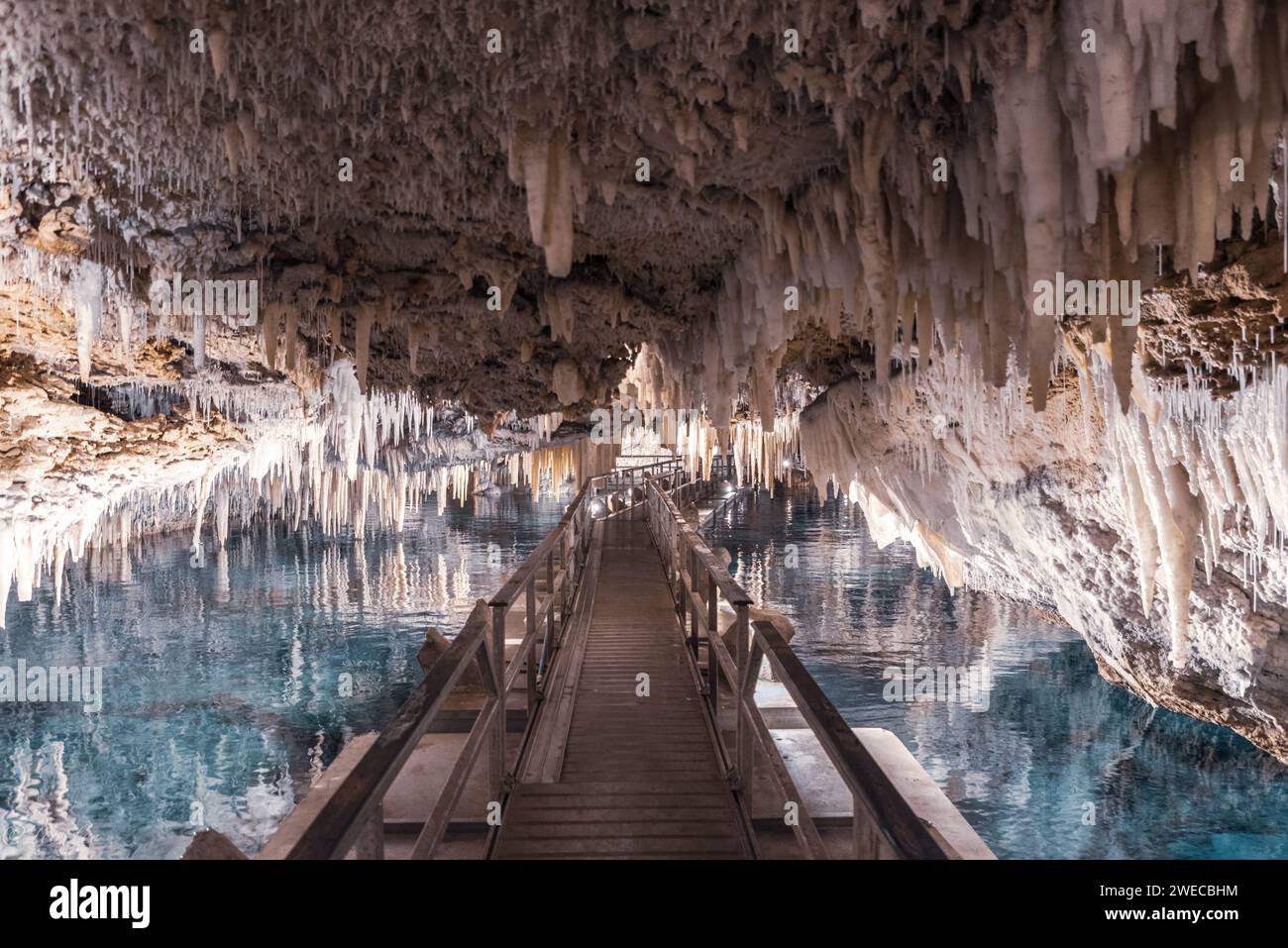 Bermuda's Hidden Gems: Imbarcati in un viaggio nelle affascinanti profondità delle grotte di cristallo e Fantasy, dove la natura svela le sue meraviglie sotterranee. Foto Stock