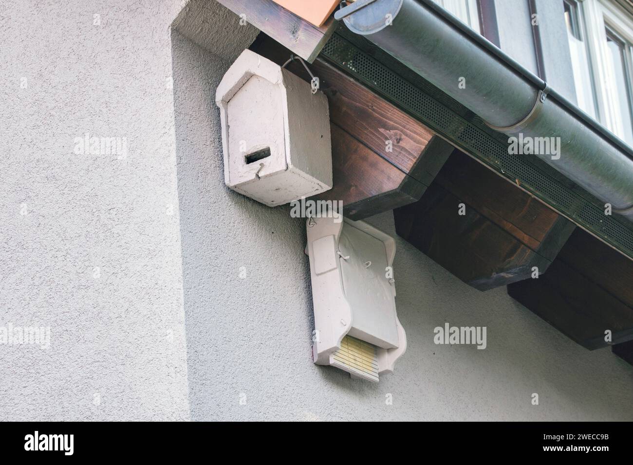Coadiuvanti per la nidificazione di palloncini e pipistrelli sulla facciata di una casa sotto il tetto, Germania Foto Stock
