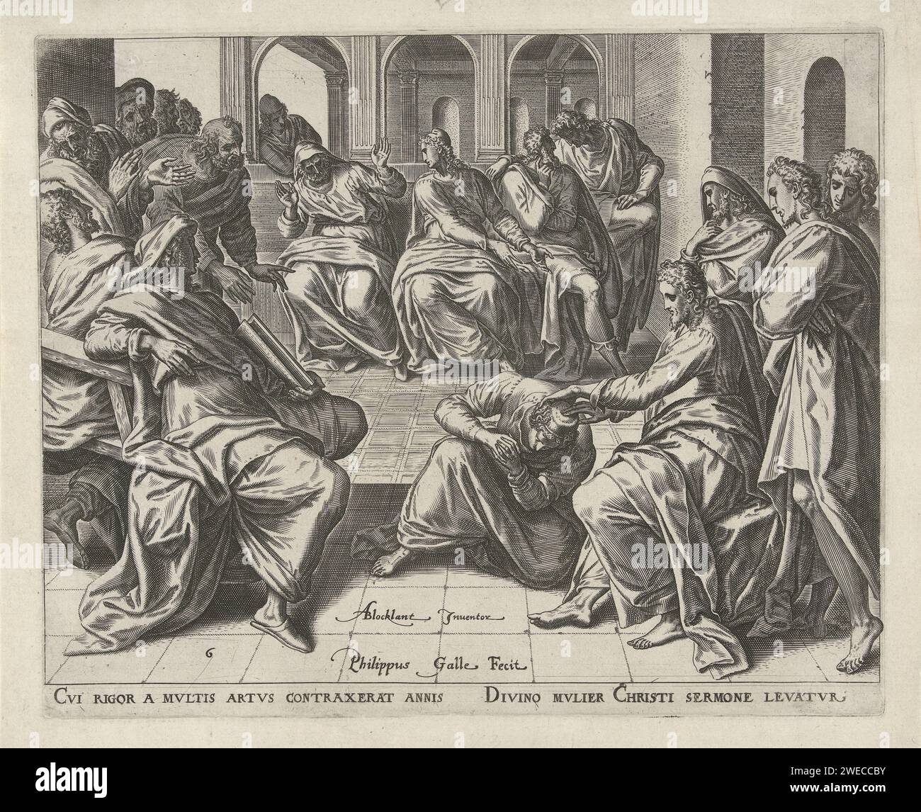Cristo guarisce una donna posseduta, Philips Galle, dopo Anthonie Blocklandt, c. 1577 - c. 1579 stampa Hristus insegna la sinagoga. Guarisce una donna che è stata posseduta da un diavolo per anni, come risultato della quale storto e non può più stare in piedi. Cristo si siede su una sedia, la donna si inginocchia per lui. Le tiene le mani sulla testa. Carta di Anversa incisione guarigione di una donna "piegata" (Luca 13:10-17). disabilità, deformazioni Foto Stock