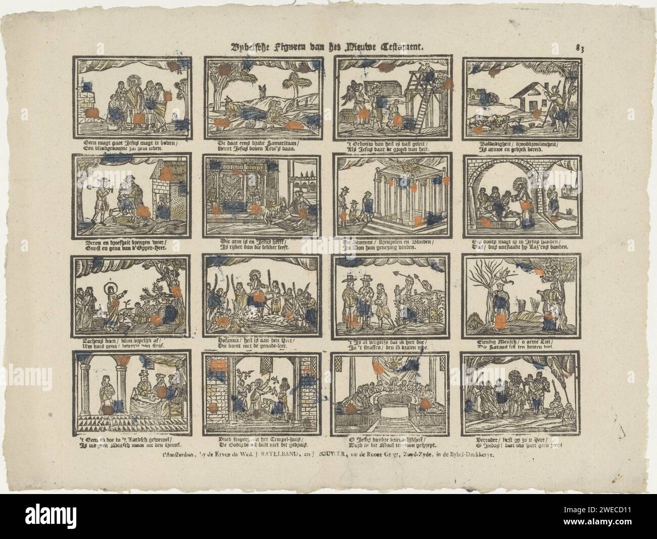 Figure bibliche del nuovo Testamento, gli eredi la vedova J. Ratelband e J. Bouwer, c. 1782 - c. 1793 stampa Leaf con 16 esecuzioni di storie del nuovo Testamento. Sotto ogni immagine un verso bidirezionale. Numerato in alto a destra: 83. Editore: Amsterdamprint Maker: Stampa tipografica su carta olandese New Testament Foto Stock