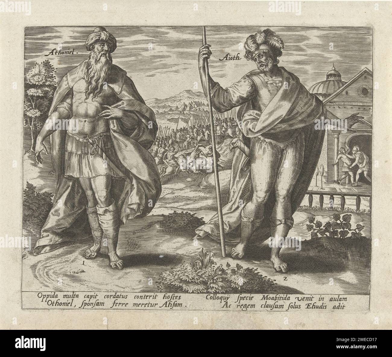 Othniel en Ehud, Hans Collaert (i), dopo Jan Snellinck (i), 1585 stampa in primo piano i primi due giudici di Israele: Othniel ed Ehud. Due storie del loro tempo sullo sfondo. Al centro gli eserciti belligeranti di Israele e Mesopotamia. Proprio sullo sfondo, re Eglon dei Moabiti viene ucciso da Ehud. La stampa ha una didascalia latina. L'incisione di carta di Anversa Othniel consegna gli Israeliti da Chushan-rishathaim, re della Mesopotamia. Ehud ed Eglon sono lasciati soli dai servitori. Persone maschili dell'Antico Testamento (con NOME) (non in contesto biblico). Foto Stock Othniel en Ehud, Hans Collaert (i), dopo Jan Snellinck (i), 1585 stampa in primo piano i primi due giudici di Israele: Othniel ed Ehud. Due storie del loro tempo sullo sfondo. Al centro gli eserciti belligeranti di Israele e Mesopotamia. Proprio sullo sfondo, re Eglon dei Moabiti viene ucciso da Ehud. La stampa ha una didascalia latina. L'incisione di carta di Anversa Othniel consegna gli Israeliti da Chushan-rishathaim, re della Mesopotamia. Ehud ed Eglon sono lasciati soli dai servitori. Persone maschili dell'Antico Testamento (con NOME) (non in contesto biblico). Foto Stock