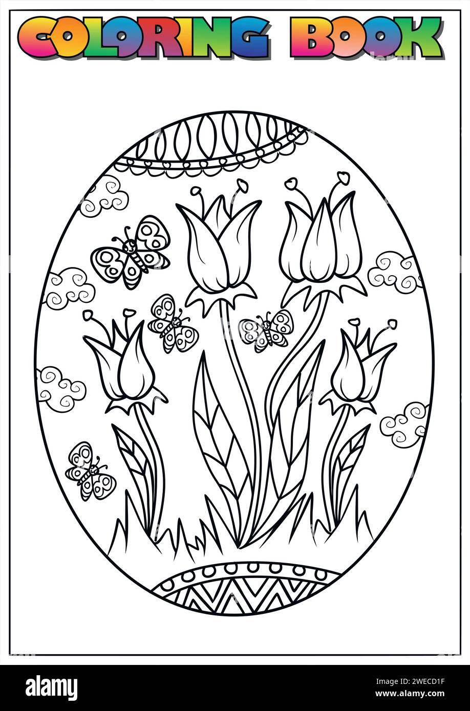 Libro da colorare per bambini per Pasqua, un grande uovo con fiori e farfalle Illustrazione Vettoriale