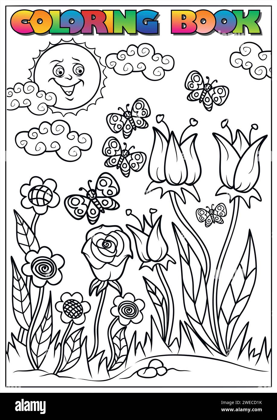 Libro da colorare per bambini per Pasqua, fiori, farfalle, primavera, sole Illustrazione Vettoriale