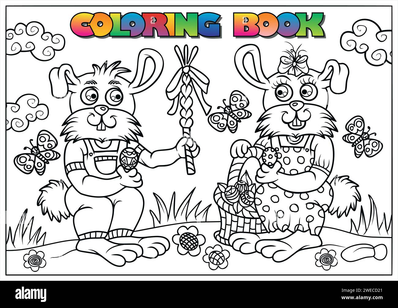 Libro da colorare per bambini per Pasqua, due coniglietti con cesti in mano e flagello Illustrazione Vettoriale