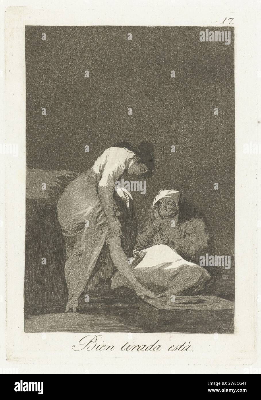 E' ben attratto, Francisco de Goya, 1797 - 1799 stampa Una giovane donna le tira fuori le calze. Una donna anziana, seduta per terra, guarda. Diciassettesima stampa della serie Los Caprichos. Carta spagnola che incide vecchia donna. adolescente, giovane donna, fanciulla. indossare o togliere le calze. calze, calze (+ vestiti da donna). calze, calze (+ condimento, vestibilità) Foto Stock
