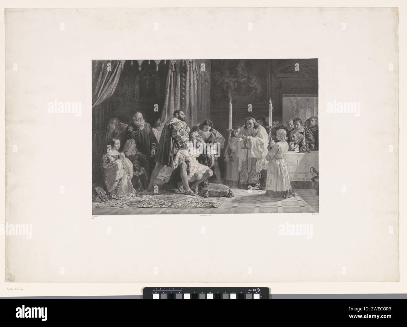 Dood van Leonardo da Vinci, Adolphe Mouilleron, dopo Jean Francois Gigoux, 1835 - 1881 stampa il pittore morente è sostenuto da re Frans I.. Cerca di lasciar inginocchiare il pittore per un prete che si avvicina all'ultimo sacramento. Giornale di Parigi. morte in vecchiaia. pittore in situazione di non lavoro. re Foto Stock
