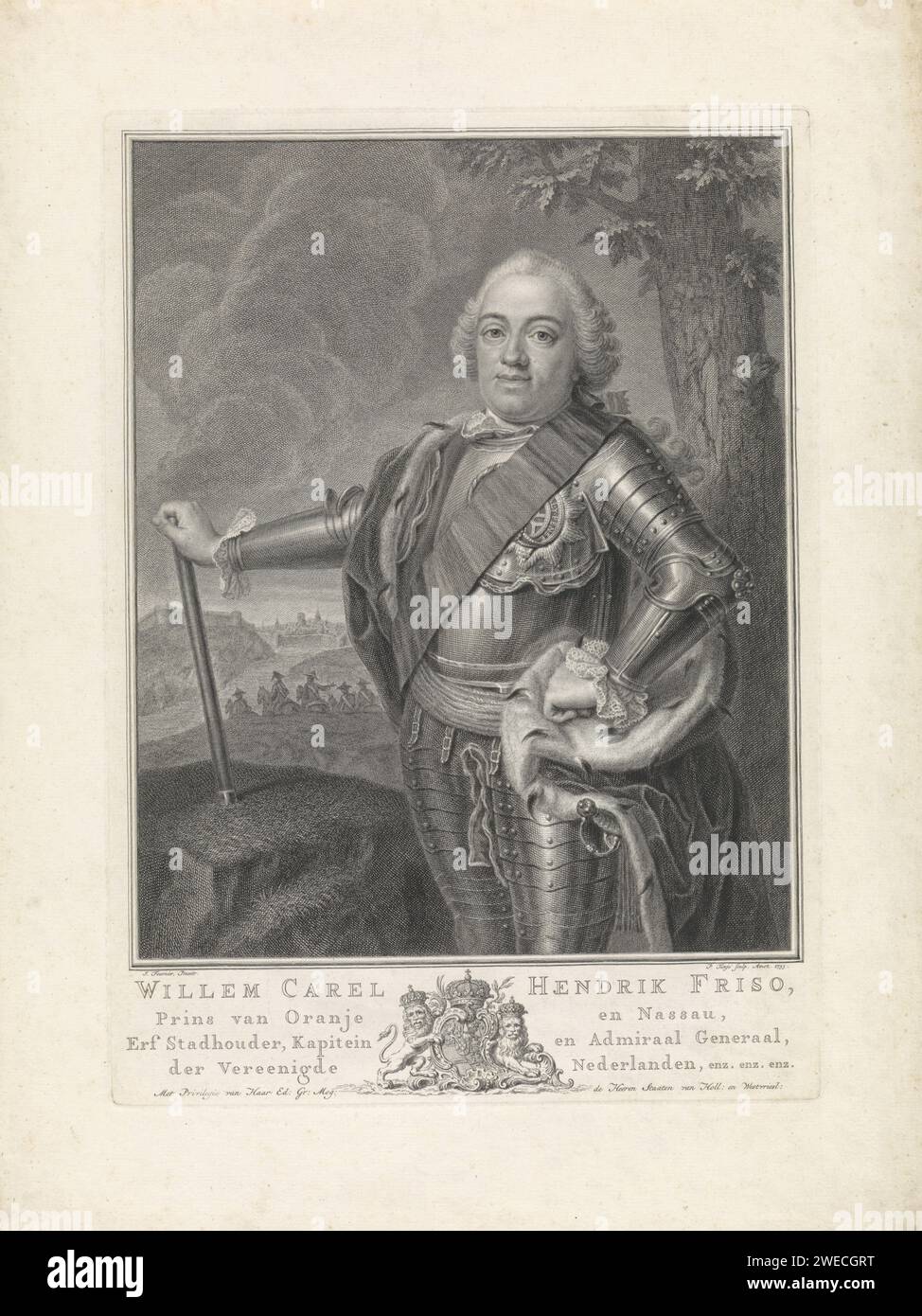 Ritratto del Principe Guglielmo IV di Oranje-Nassau, Pieter Tanjé, dopo Jean Fournier, stampa del 1753 Guglielmo IV, Principe di Oranje-Nassau e Stadholder, in piedi, vestito con armatura con lo staff generale e mantello erminato, in un paesaggio con cavalieri e una città fortificata sullo sfondo. Sotto il ritratto il suo nome e i suoi titoli su entrambi i lati della sua arma. Incisione su carta di Amsterdam / incisione comandante in capo, generale, sceriffo. Ordine cavalleresco (GIARRETTIERA) - insegne di ordine cavalleresco, ad esempio: Distintivo, catena. cuscinetto araldico Foto Stock