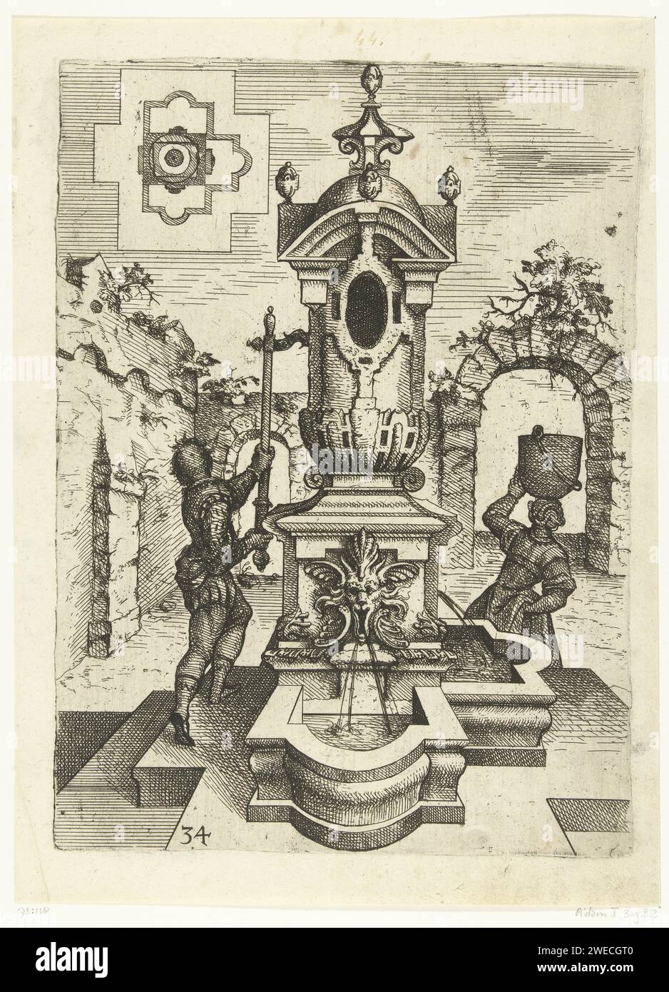 Pompa con mascaron, Wendel Dietterlin (i), 1560 - 1598 stampa a sinistra, un uomo serve la manovella, una donna se ne va con una botte d'acqua sulla testa. In alto a sinistra viene tracciata la mappa della pompa. Una delle 20 riviste di una serie (Architectura. Von Ausztheilung, Symmetria und proportion der Fünff Seulen ...) composto da 193 riviste e 5 riviste, divise in cinque libri. Si tratta di una seconda edizione estesa della serie descritta in ORN Cat i-319. Incisione (forse) della carta in Germania Foto Stock