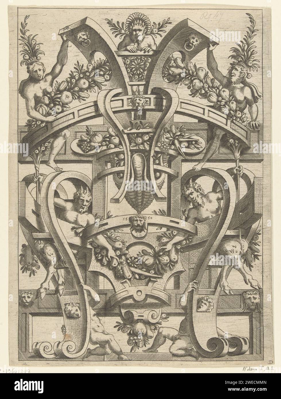 Un'opera che si snoda attraverso e in fondo a un Fruitenguirle, Anonymous, dopo Cornelis Bos, la stampa del 1550 all'estremità sinistra della ghirlanda superiore è una donna, un uomo all'estremità destra Entrambi si aggrappano al lavoro di rotolamento con una mano. Foglia di una serie di 6 lame con decorazioni piatte grottesche con rotolamento, candelabri, bracieri, fruitenguirles, uccelli e fiocchi di fantasia. Ornamento per incisione di carta olandese  festoon, ghirlanda. graffette, graffette  ornamento. ornamento  grottesco Foto Stock Un'opera che si snoda attraverso e in fondo a un Fruitenguirle, Anonymous, dopo Cornelis Bos, la stampa del 1550 all'estremità sinistra della ghirlanda superiore è una donna, un uomo all'estremità destra Entrambi si aggrappano al lavoro di rotolamento con una mano. Foglia di una serie di 6 lame con decorazioni piatte grottesche con rotolamento, candelabri, bracieri, fruitenguirles, uccelli e fiocchi di fantasia. Ornamento per incisione di carta olandese  festoon, ghirlanda. graffette, graffette  ornamento. ornamento  grottesco Foto Stock