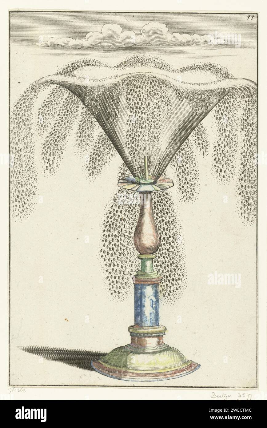 Little Fontein, Anonymous, dopo Georg Andreas Böckler, stampa del 1664 Fontana intesa come decorazione del tavolo. Un getto d'acqua shelly spruzza un lungo piedistallo da un ugello nella parte superiore. Pagina 55 dalla parte II di una serie composta da 226 riviste, distribuite su quattro libri, ognuno con il proprio frontespizio. Tipografia: Germanyafter design by: Germany (possibilmente)printer: Neurenbergpublisher: Neurenberg paper etching Foto Stock