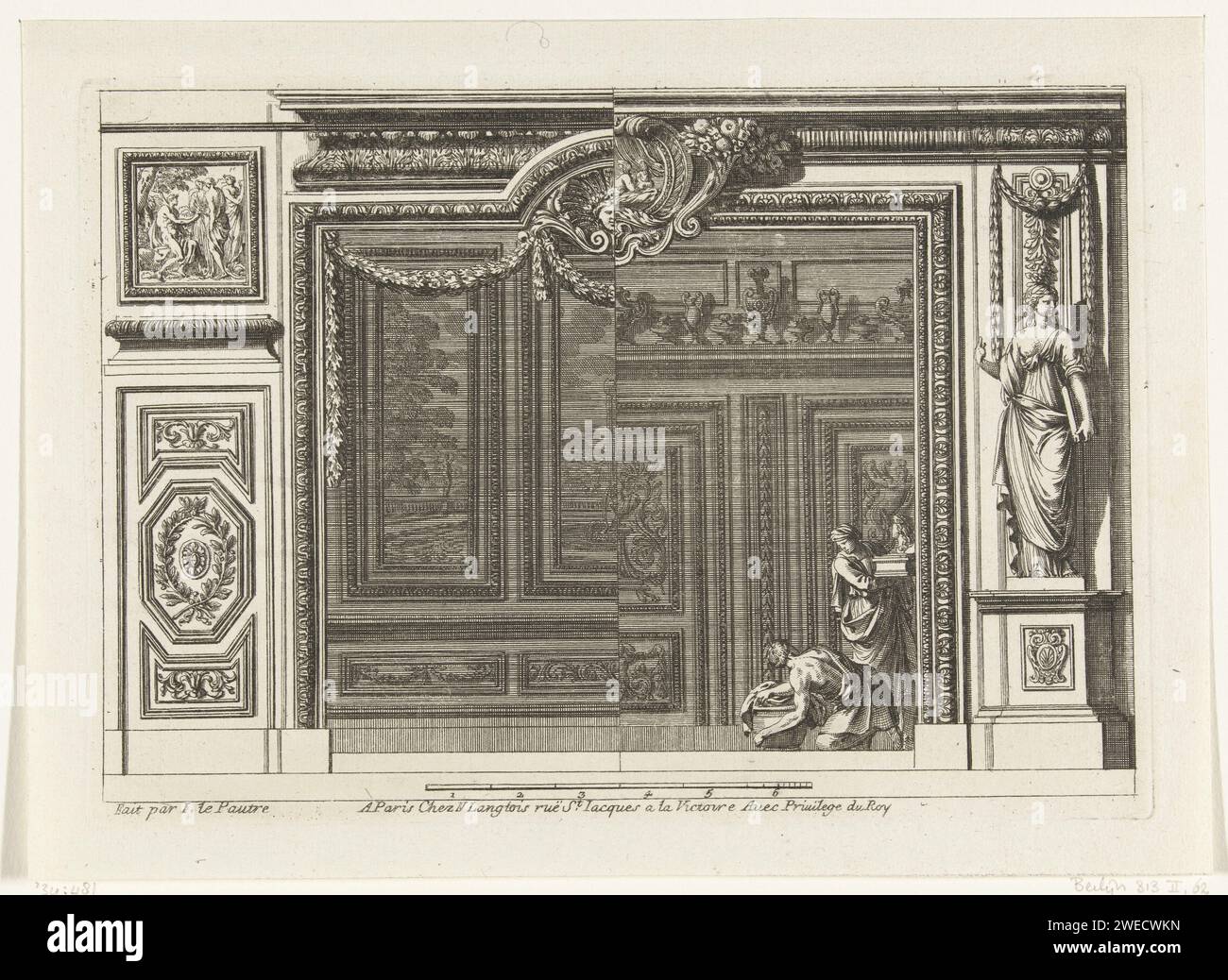 Alkoof con variante per la metà destra, Jean Lepautre, 1678 stampa Alcove con una porta con Dessus-de-porte a sinistra con figure. Il lato destro è una variante con l'immagine di una donna su un piedistallo. Pagina 6 dalla serie di 6 fogli. Tipografia: Francia (possibilmente)dopo il proprio disegno di: France (possibilmente)editore: Paris paper etching Foto Stock