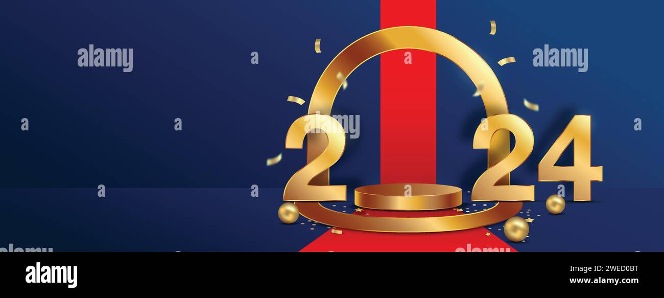 Podio di palco per l'anno 2024 esposizione dei prodotti più venduti su sfondo banner blu, design vettoriale Illustrazione Vettoriale