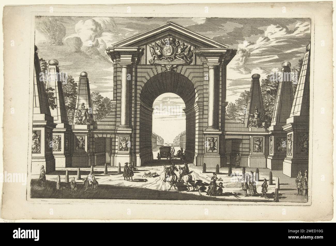 Stadspoort in forma di arco trionfale dell'ordine toscano, Anonimo, dopo Daniël Marot (i), c. 1600 - c. 1699 stampa ci sono tre obelischi su entrambi i lati dell'arco trionfale. Foglia 4 della serie di 6 fogli, copia su foglio della seconda Liure d'Arc de Triomphe et porte de Ville pubblicata da Daniel Marot (i). Carta incisione ordine toscano  architettura. porta della città. arco trionfale Foto Stock