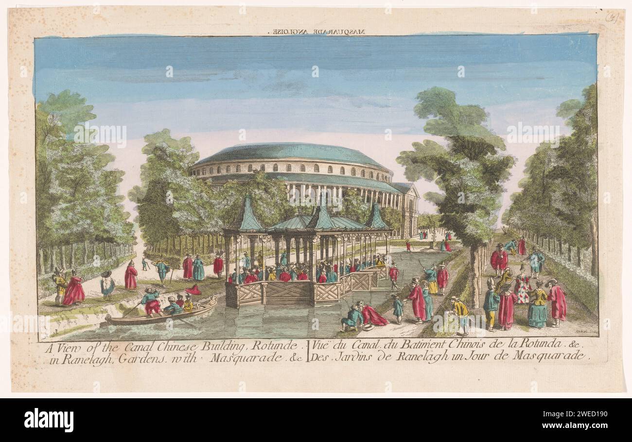 Veduta della Rotonda e del padiglione cinese sul canale nei Giardini Ranelagh a Londra con una palla in maschera, Anonimo, in onore di Charles Grignion (i), dopo Canaletto, carta stampata 1752 - 1799. acquerello (pittura) incisione / pennello architettura civica; edifici; abitazioni. canale. giardino. masquerade, palla mascherata Rotunda. Ranelagh Gardens Foto Stock