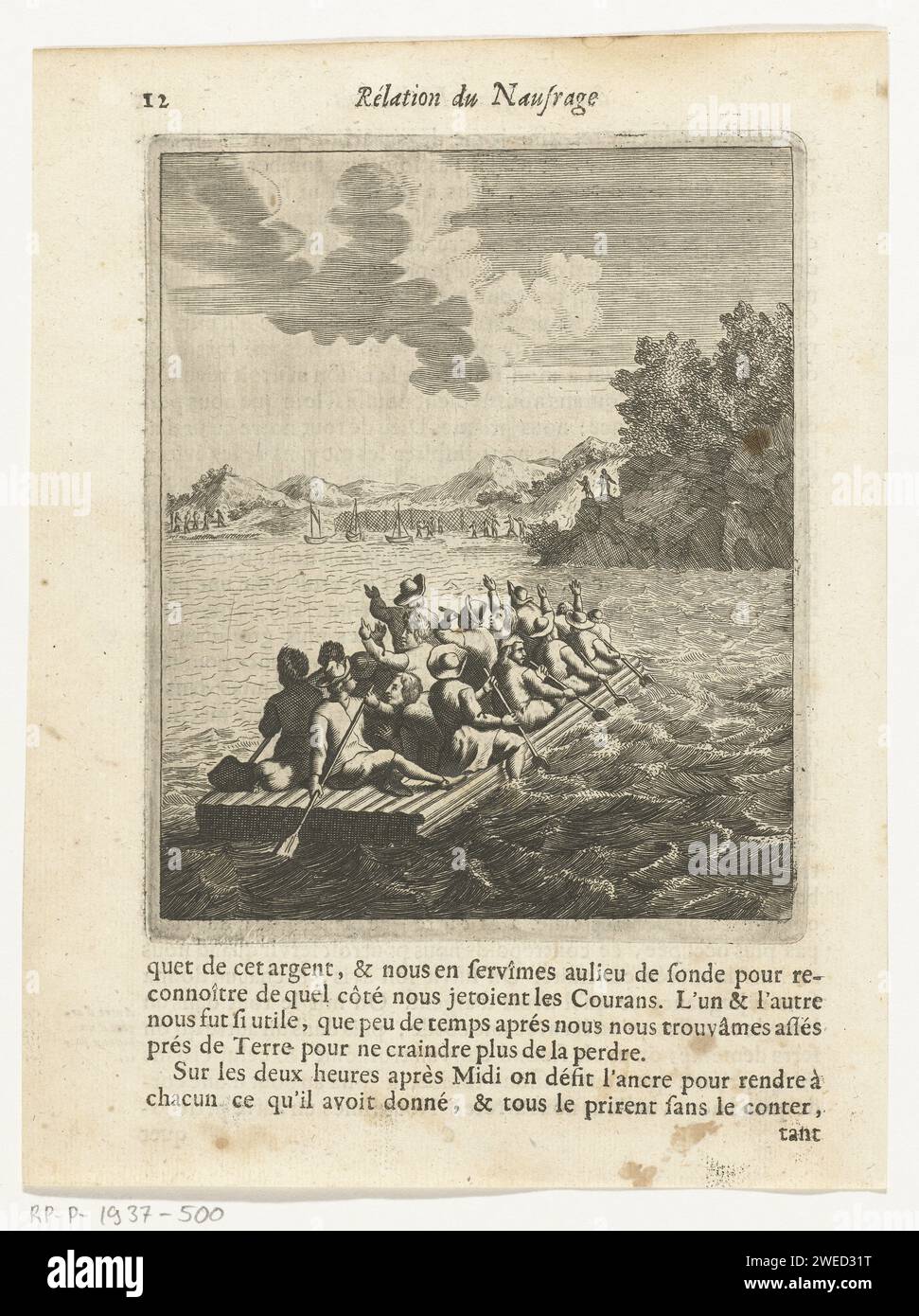 Equipaggio sulla Vlot, Dirck Bosboom (possibile), dopo Dirck Bosboom, 1681 stampano l'equipaggio della nave VOC Terschelling Paddelt con una zattera fino alla costa di un'isola del Bengala. Altri membri dell'equipaggio stanno già aspettando sulla costa. I battelli di soccorso si trovano nella baia. Pagina da un libro con illustrazione e testo sul recto e verso. Amsterdam carta incisione / incisione / tipografia zattera (+ quattro persone o più  traffico e trasporto) Foto Stock