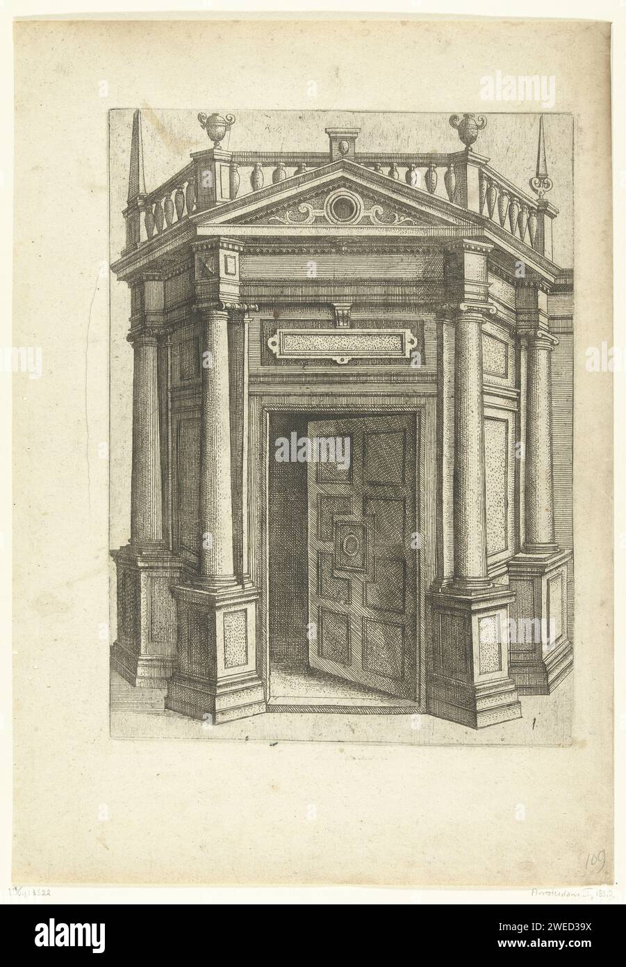Portale con una porta, Pieter van der Borcht (i), dopo Hans Vredeman de Vries, c. 1583 stampa l'elemento della porta è decorato con un cartiglio vuoto. Un frontone triangolare poggia sul telaio principale. Pagina 1 di 15 fogli numerati + frontespizio di una serie di 16. Incisione su carta nei Paesi Bassi (possibilmente) Foto Stock