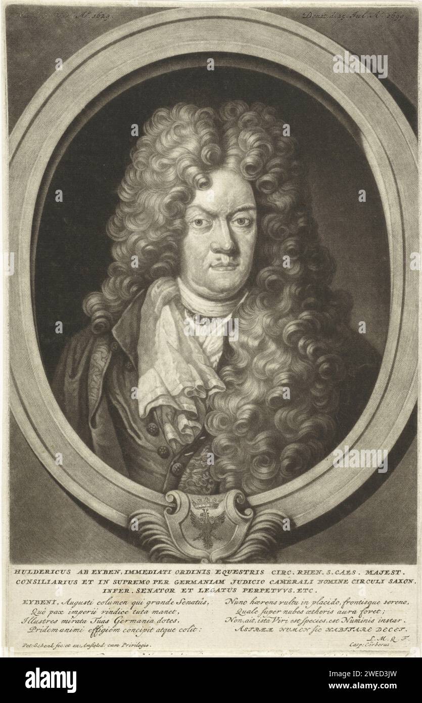 Ritratto di Hulderius Eyben, Pieter Schenk (i), 1699 - 1713 stampa Amsterdam carta incisione parrucca. cuscinetto araldico Foto Stock