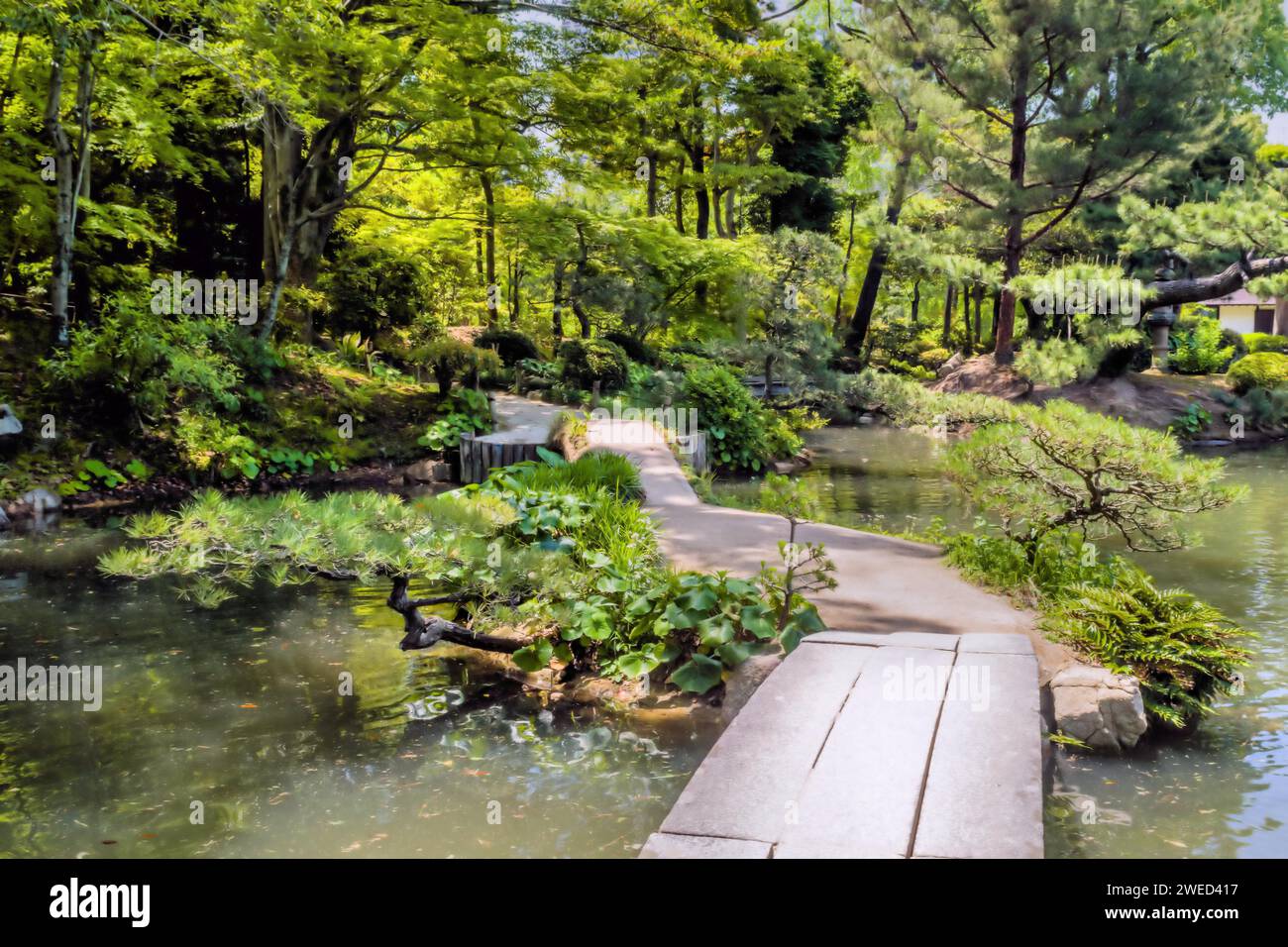 Ponte di legno e sentiero per passeggiate nel giardino giapponese di Hiroshima, Giappone Foto Stock