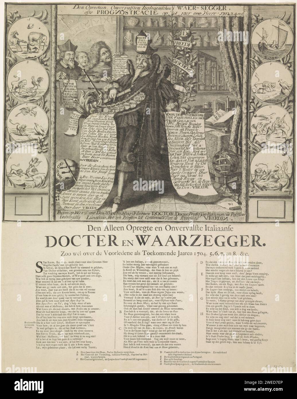 The Italian Fortune Teller, monogrammist WR, 1704 - 1708 stampa Allegory con The Italian Fortune Teller che mostra ricette per curare la malattia francese. A sinistra guarda un gesuita e un prete spaventati. Su entrambi i lati, medaglioni considera in quale la battaglia tra la Francia e gli Alleati è raffigurata da animali. Sul caricatore sotto la targa tre colonne testo in olandese. Parte di un gruppo di singoli cartoni animati su Luigi XIV durante la guerra di successione spagnola, ca. 1701-1713. Incisione cartacea dei Paesi Bassi del Nord caricature politiche e satire. medico, dottore. indovina  piacere fair e c Foto Stock