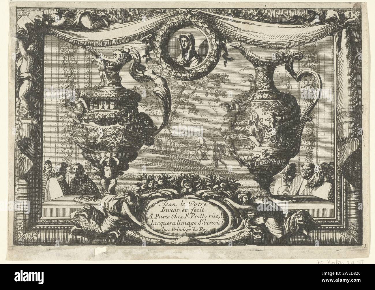 Due Geschenkannen a sinistra, Jean Lepautre, 1669 - 1693 stampa le brocche sono su un tavolo con un arazzo sullo sfondo. Da una terza edizione. Tipografia: Francia (possibilmente)dopo il disegno di: Francia (possibilmente)editore: Paris paper etching Foto Stock