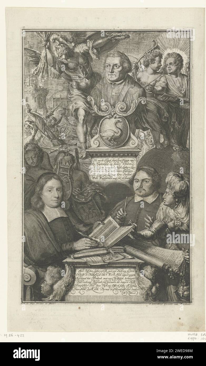 Spettacolo allegorico con Maarten Lutero, Romeyn de Hooghe, 1703 stampa allegorica con Maarten Lutero. Busto van Maarten Lutero con testo sotto. Tra questi busti di Adolphus Visscher e Henricus Vos, anch'essi con testo sotto. Sul retro del testo nella stampa del libro. Incisione/incisione della carta olandese Foto Stock