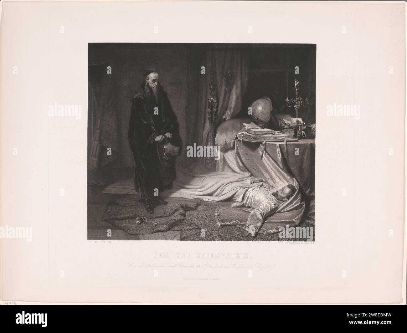 Giovanni Battista seni al cadavere di Albrecht von Wallenstein, Friedrich Vogel, dopo Karl Theodor Piloty, stampatore del 1872: Münchenprinter: Düsseldorf incisione / incisione su carta morte dell'essere umano. trovare una persona morta. scrivania, scrivania. star-globe Foto Stock