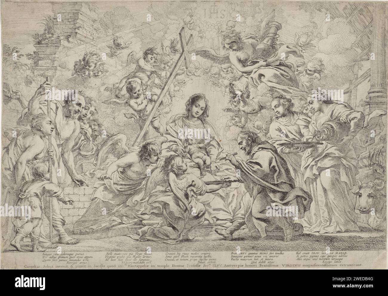 Circoncisione di Cristo, Cornelis Schut (i), 1618 - 1655 stampa il bambino di Cristo è in grembo di Maria. Un prete siede su uno sgabello davanti a lei e prende un coltello da una ciotola che un angelo lo tiene. Anche un secondo angelo guarda. Ci sono spettatori da entrambe le parti. A destra ci sono il bue e l'asino. In aria un angelo con una brocca. Putti possiede gli strumenti della passione. Venti versi sotto l'immagine. Carta incisione circoncisione del Cristo bambino da parte del sacerdote nel tempio (Luca 2:21) (+ angelo(i)). Gli strumenti della passione e i cinque arti feriti Foto Stock