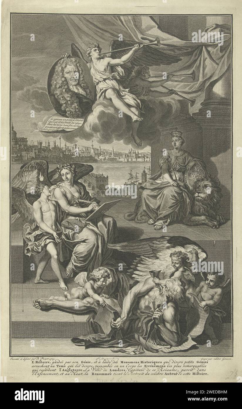 Allegoria sulla storia della Gran Bretagna con il ritratto di Isaac de Larrey, Gilliam van der Gouwen, dopo Bernard Picart, dopo Simon Thomassin, 1713 stampa la storia della personificazione, seduto sul pavimento, scrive la storia della Gran Bretagna insieme all'ispirazione della personificazione. A destra, in una colonna, la personificazione della Gran Bretagna, seduto su un leone. Nelle sue mani lo stemma della Gran Bretagna. In primo piano, tre putti cercano di fermare il tempo alato, quei libri si strappano e mangiano. Al di sopra della fama della personificazione, soffiando su un ritratto. Sta indossando il ritratto Foto Stock