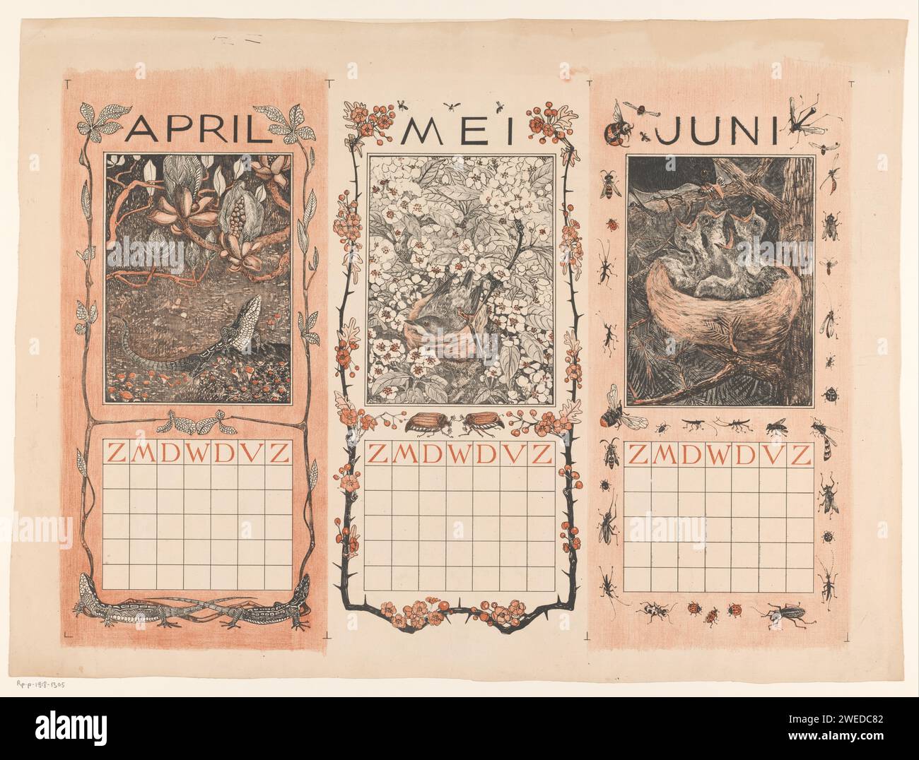 Calenders of April, and June, with Lizard and Birds, Theo Van Hoytema, calendario cartaceo del 1901, almanacco. uccelli. lucertole Foto Stock
