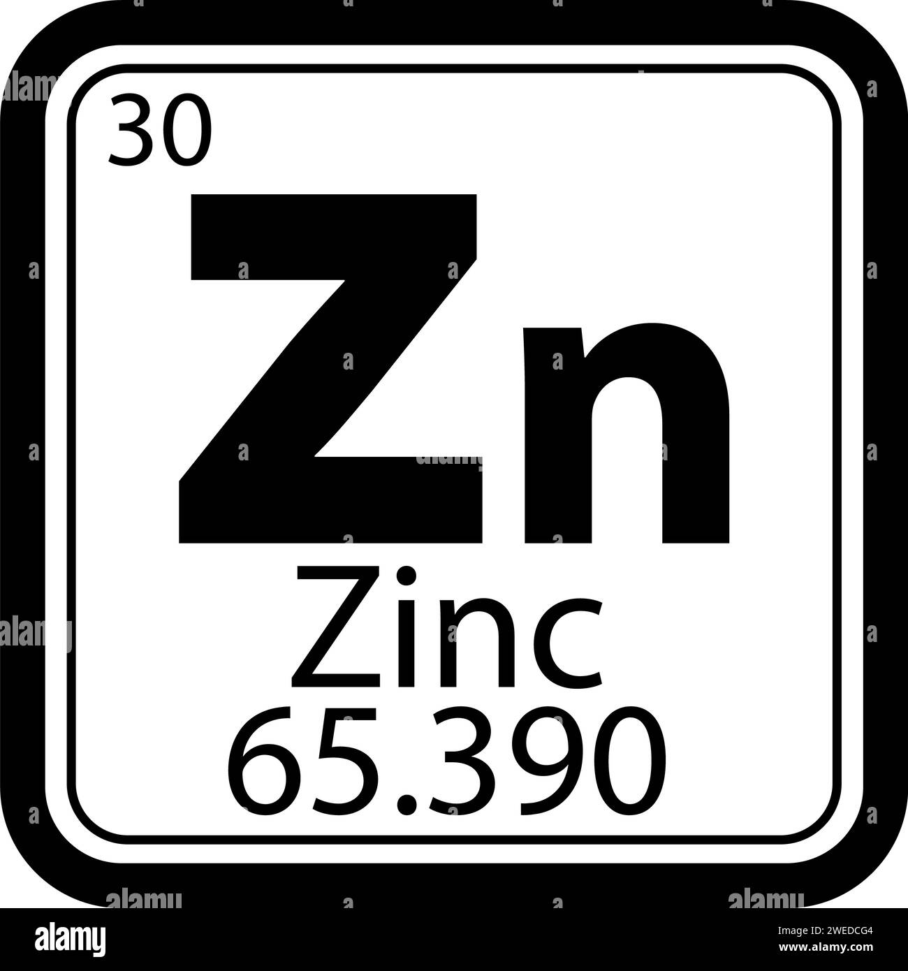 Icona chimica zinco Zn. Elemento chimico del simbolo della tavola periodica. segno del numero atomico. piatto. Foto Stock