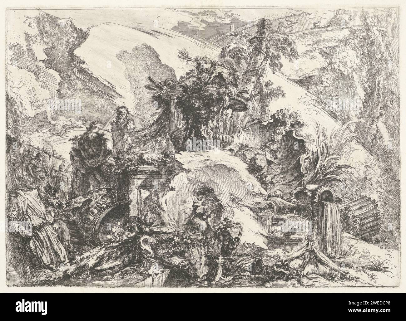 Scheletri e sculture, Giovanni Battista Piranesi, nel o dopo il 1747 stampa fantasia decorativa con resti di strutture, scheletri e resti di sculture. A sinistra una scultura di Ercole e un Erme. Incisione/incisione su carta Roma/punto a secco/scheletro (umano). rovina di un edificio  architettura. paesaggio con rovine. pezzo di scultura, riproduzione di un pezzo di scultura Foto Stock