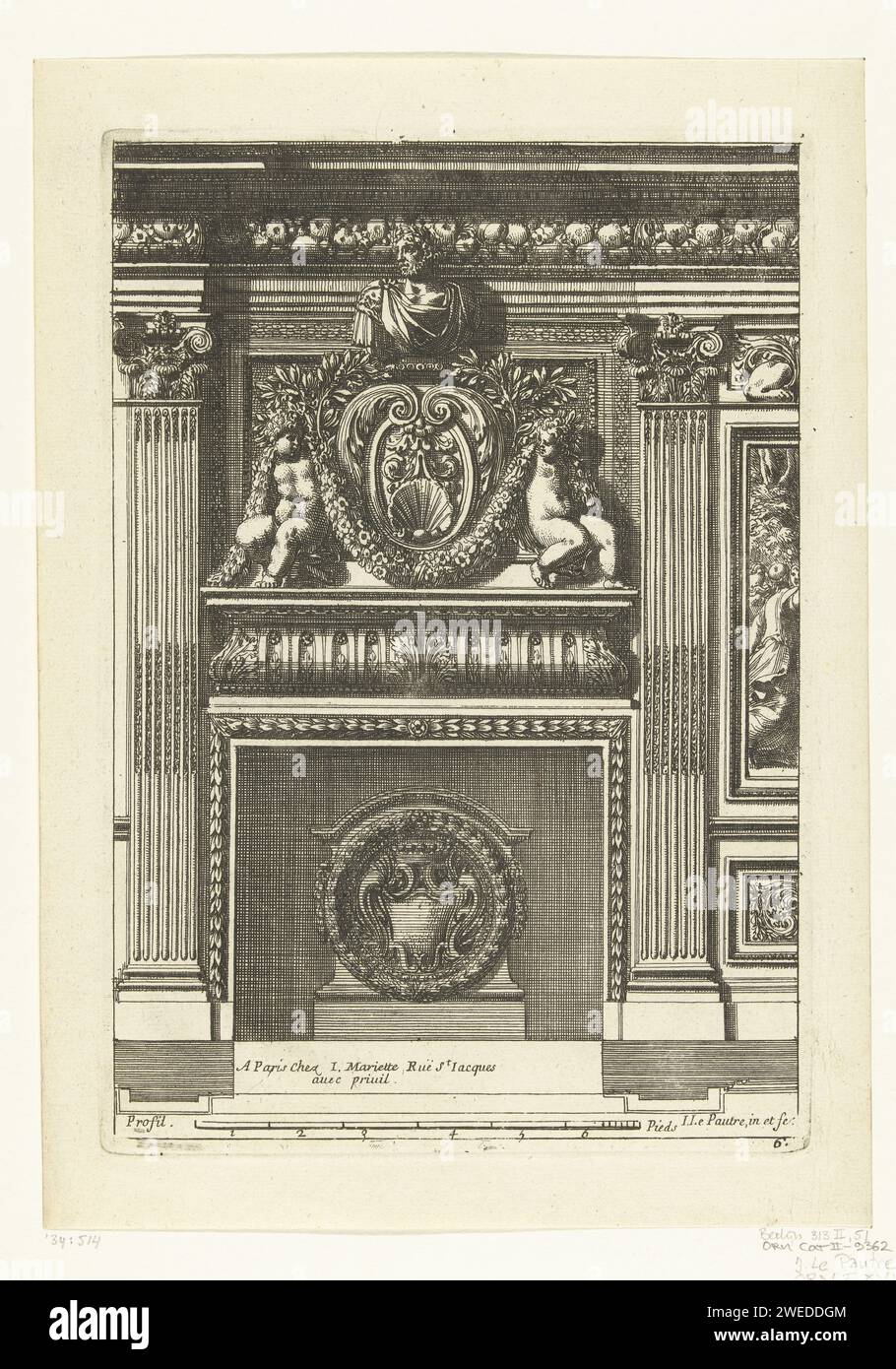 Subsema con Keizersbuste, Jean Lepautre, dopo circa 1665 - prima della stampa del 1742 il seno inferiore si trova tra due colonne composite. Con ribellione e piano. Dalla seconda edizione. Tipografia: Francia (possibilmente)dopo il proprio disegno di: France (possibilmente)editore: Paris paper etching Foto Stock